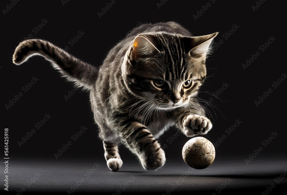 image of a cat chasing a ball, with the ball in motion and the cat in a playful pose, representing the idea of energy and movement (AI)