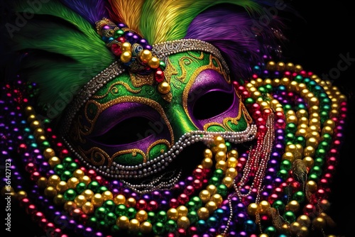 Mardi mask and beads in purple, gold, and green, (generative ai) © Trisha