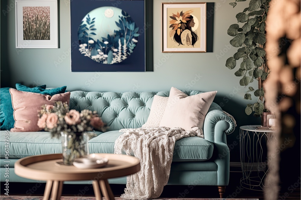 Boho inspired living room with muted blush pink and beige florals and a ...