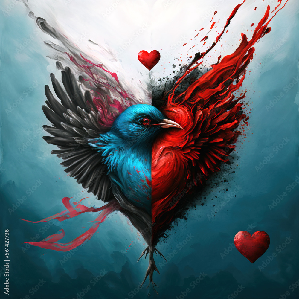 Fototapeta premium Bird Heart, Blue and Red Paint, Generative AI
