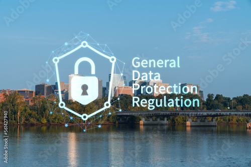 Panoramic view, Washington towards Arlington financial downtown, city skyline over Potomac River. Virginia, USA. GDPR hologram, concept of data protection regulation and privacy for all individuals