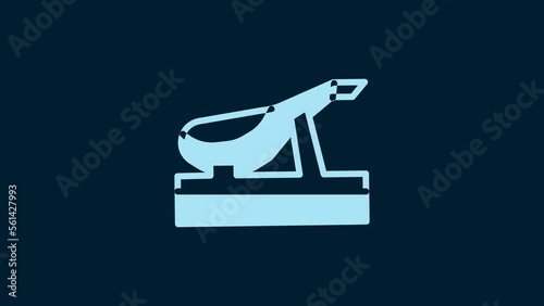 White Spanish jamon on the wooden jamonera icon isolated on blue background. 4K Video motion graphic animation