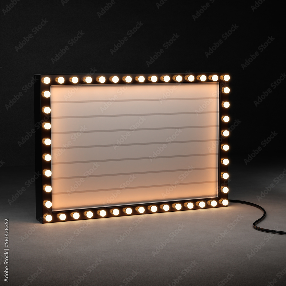 3d retro black signboard with glowing yellow light bulb . Concept of billboard design for cinema, casino, marquee or nightclub . 3d high quality render