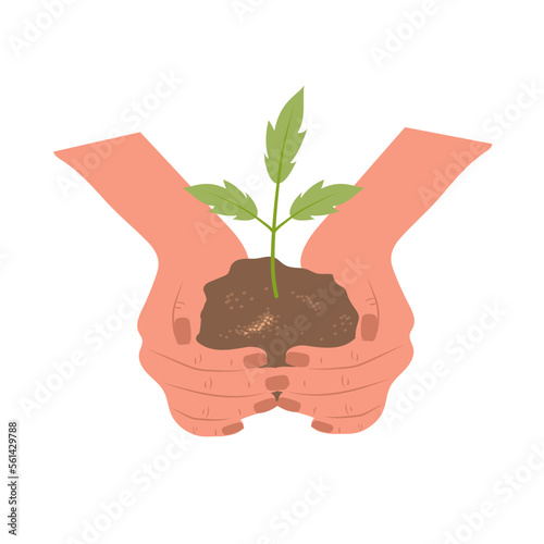 Planting sapling. Female farmer holding soil with sprout in hand. Vector illustration in flat cartoon style. Gardening hobby. Environmental protection concept. Nature care.