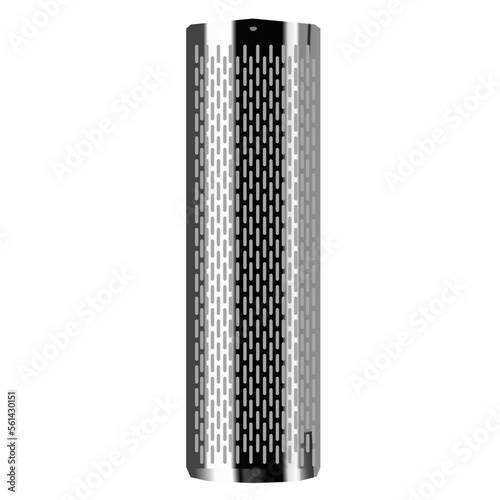 Truck exhaust pipe heat shield, metallic and chrome with air holes, vector illustration

