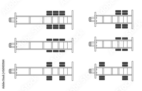 Truck trailer chassis and wheel type set, top view,  vector line 
