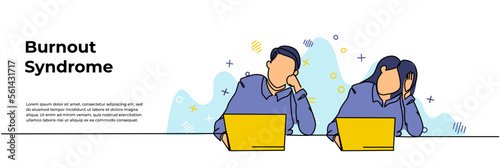 Work Burnout Syndrome Web Banner. Vector illustration of male and female workers looking limp at their desks. Modern flat in continuous line style.