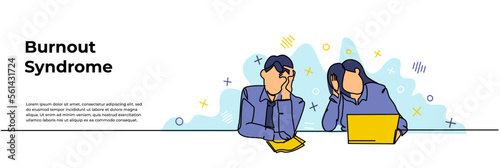 Work Burnout Syndrome Web Banner. Vector illustration of male and female workers looking limp at their desks. Modern flat in continuous line style.