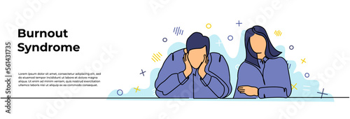 Burnout Syndrome Web Banner. Vector illustration of sad looking boy and girl. Modern flat in continuous line style.