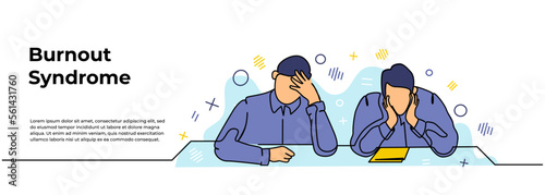 Work Burnout Syndrome Web Banner. Vector illustration of two male workers looking limp at their desks. Modern flat in continuous line style.