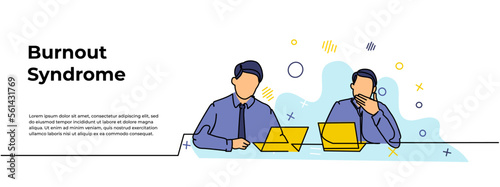 Overtime Work Web Banner. Vector illustration of a sleepy and active working man in front of a laptop. Modern flat in continuous line style.