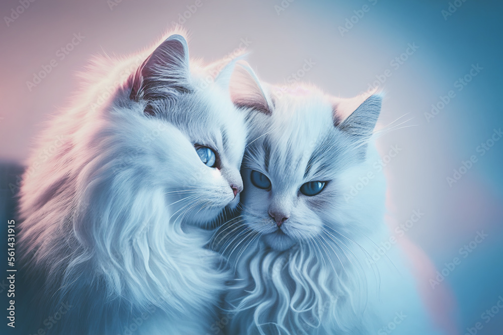 Illustration of two cuddling cats on pastel background. Generative ai