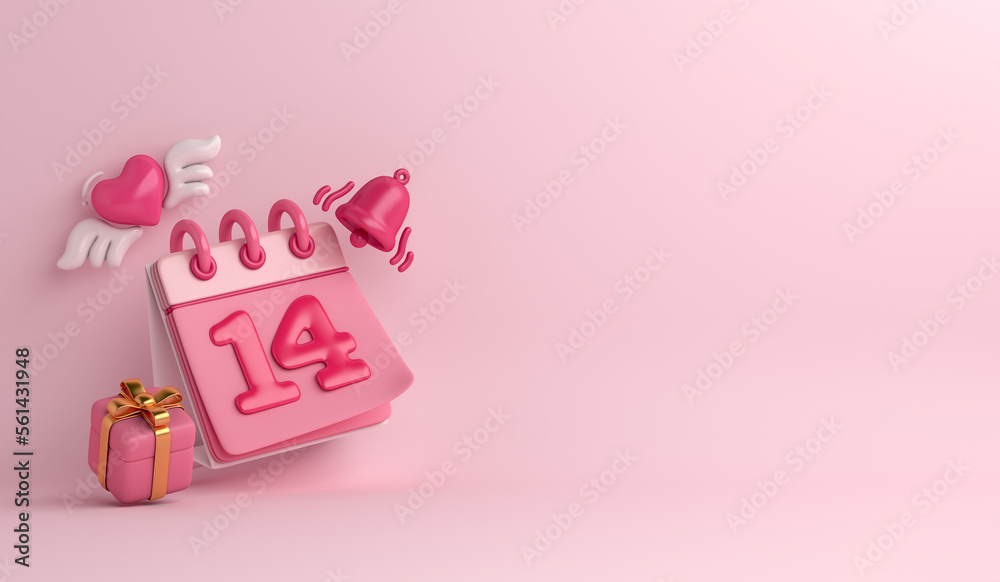 Happy Valentines day background with calendar date 14, gift box, heart shape wing, bell notification copy space text, 3D rendering illustration