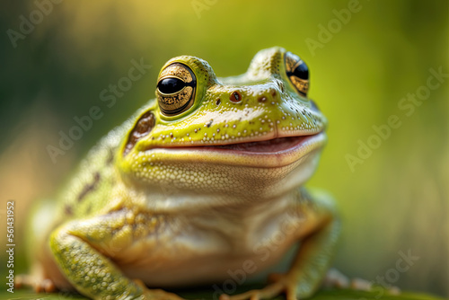 Illustration of a green frog in front of nature background. Generative ai