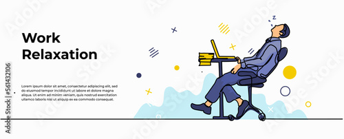 Work Fatigue Web Banner. Vector illustration of a man falling asleep on a work chair. Modern flat in continuous line style.