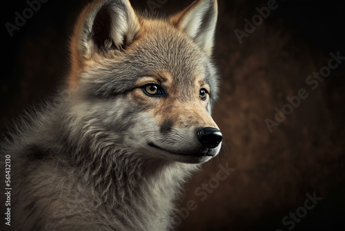 Gray wolf cub in forest. Digital artwork	
