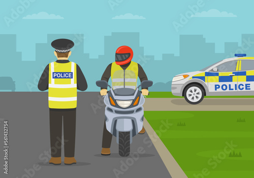 British traffic police officer pulls over a motorcyclist on a city road and checks driver license. Front view of a rider looking at police officer. Flat vector illustration template.