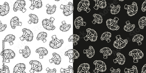 doodle pattern seamless with broccoli, cauliflower baner, for store rela, poster with vegetables healthy food hand drawn on black and white background hand drawn with lines.