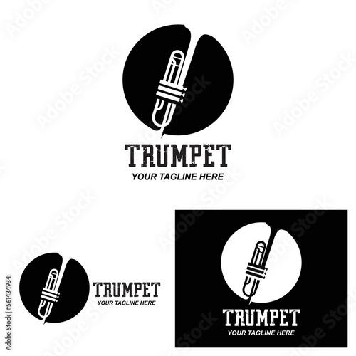 Trumpet logo design, generate melody, musical instrument vector sketch illustration