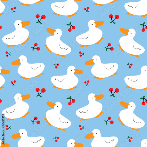 Seamless Pattern with Cartoon Duck and Cherry Design on Blue Background