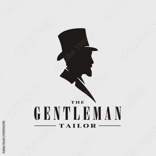 Beard Man with Lincoln Victorian Felt Top Hat Silhouette for Gentleman Fashion Boutique Tailor Logo Design