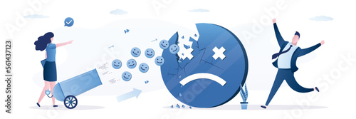 Confident businesswoman shoots cannon to destroy negative emotions. Positive thinking. Good family or company relationships. Woman cross over psychological crisis. Overcoming mental stress