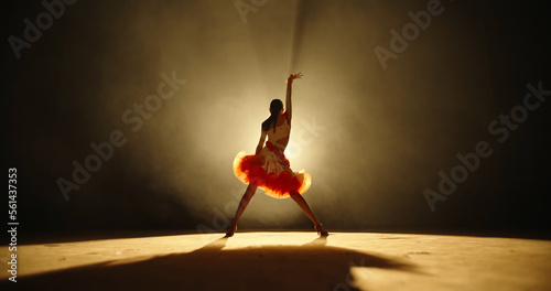 Talented asian female teenager is performing ballroom sport dance on stage with smoked black background - childhood dream, childhood memories concept 