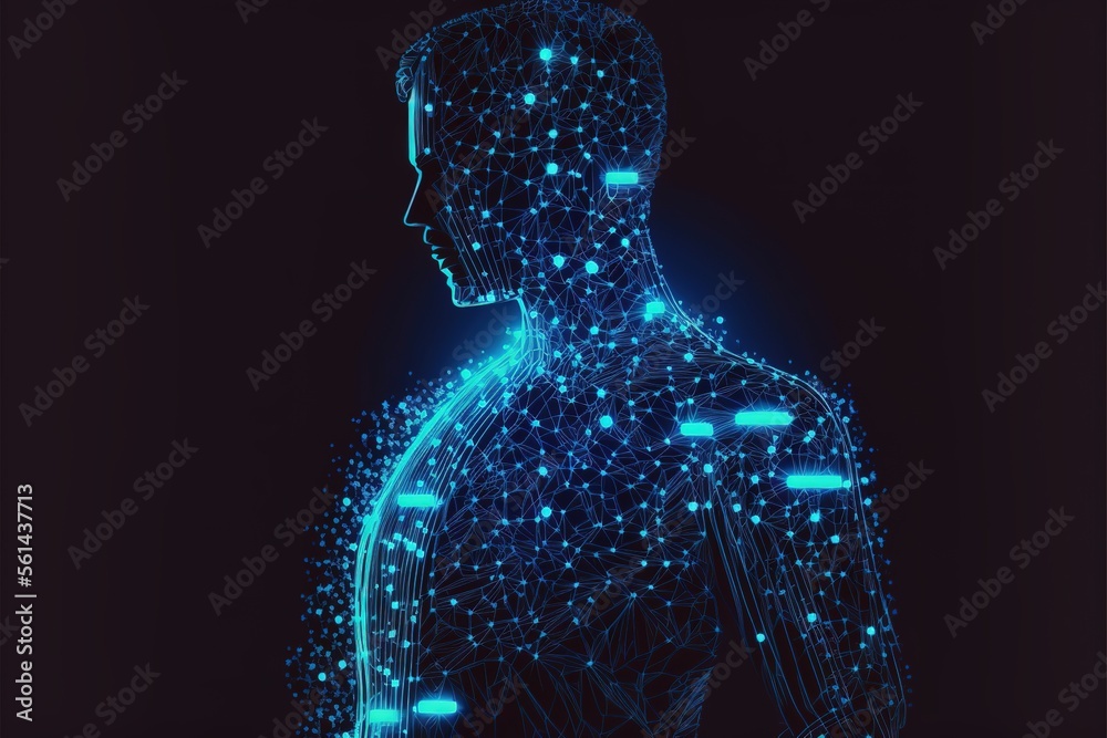 A Futuristic Illustration of a Man Connected by Glowing Dots and with 2/3 of Empty Space for Text or Copy Placeholder, Isolated on a Dark Blue Background - A High-tech and Visionary Representation of 