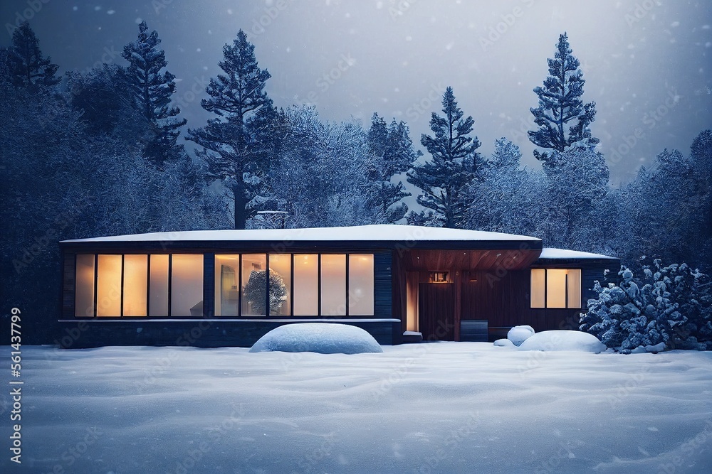Beautiful Modern Exterior Winter Landscape evergreen trees with snowfall at dusk or dawn blue hour Made with Generative Ai