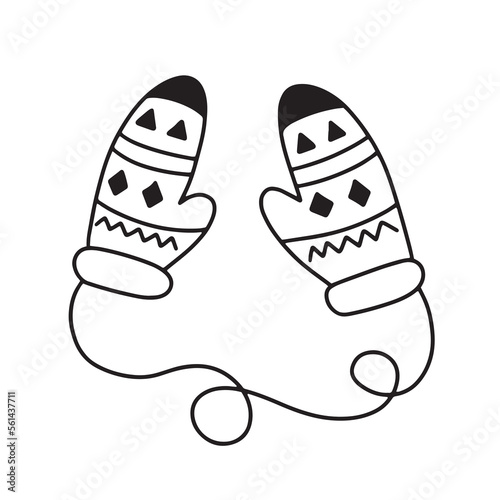 Winter mittens on a rope in the doodle style. Vector illustration isolated on a white background. Perfect for a postcard, sticker, coloring book or as a label for a knitted product