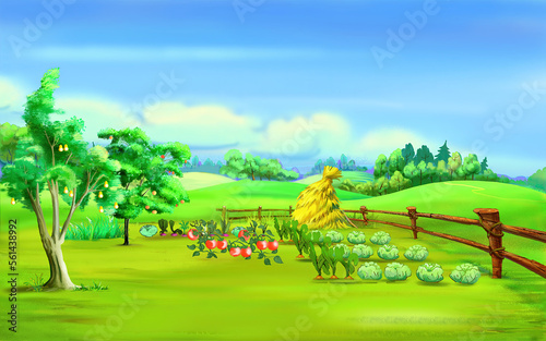 Haystack in a Garden Under Blue Sky illustration