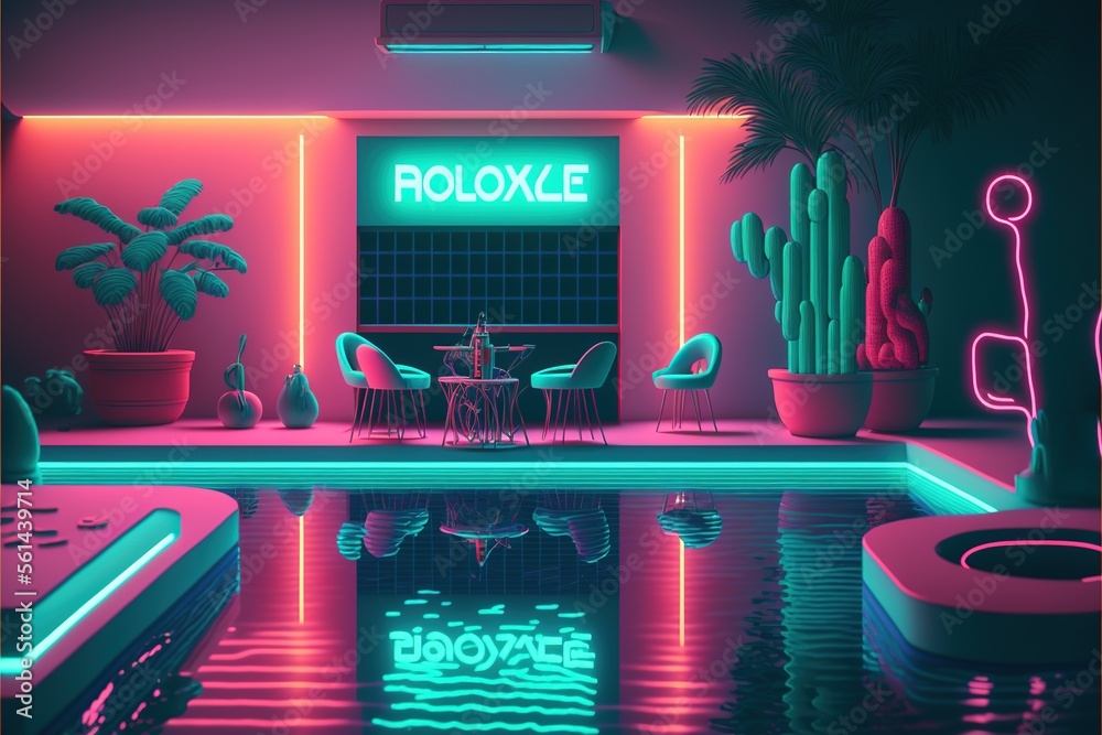 Fototapeta premium Surreal retro-future pool lounge with neon signs and cocktails.Generative AI