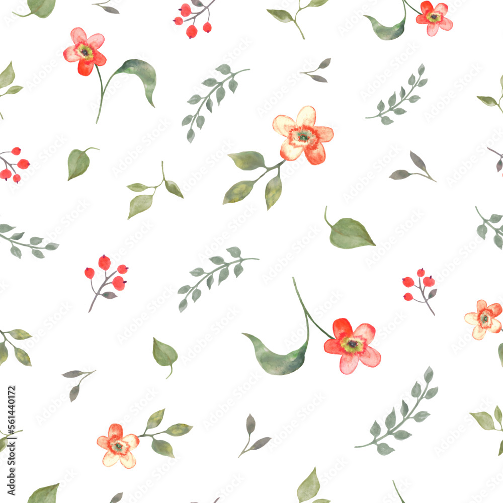 Watercolor seamless pattern with  abstract red  flowers,  berries, green leaves, branches, . Hand drawn floral illustration isolated on white background. For packaging, wrapping design or print.