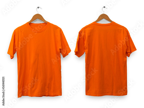 Orange t-shirt mock up, front and back view, isolated. Plain orange shirt mockup. Tshirt design template photo