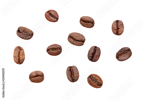 Roasted coffee beans isolated on white background.