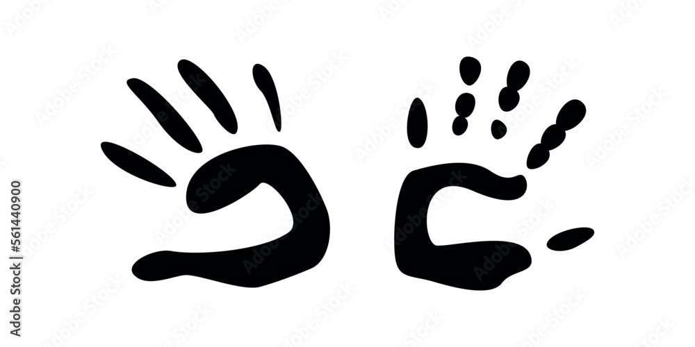 Flat vector painting tools in childish style. Hand drawn hand print, palm silhouette Flat vector painting tools in childish style. Hand drawn hand print, palm silhouette