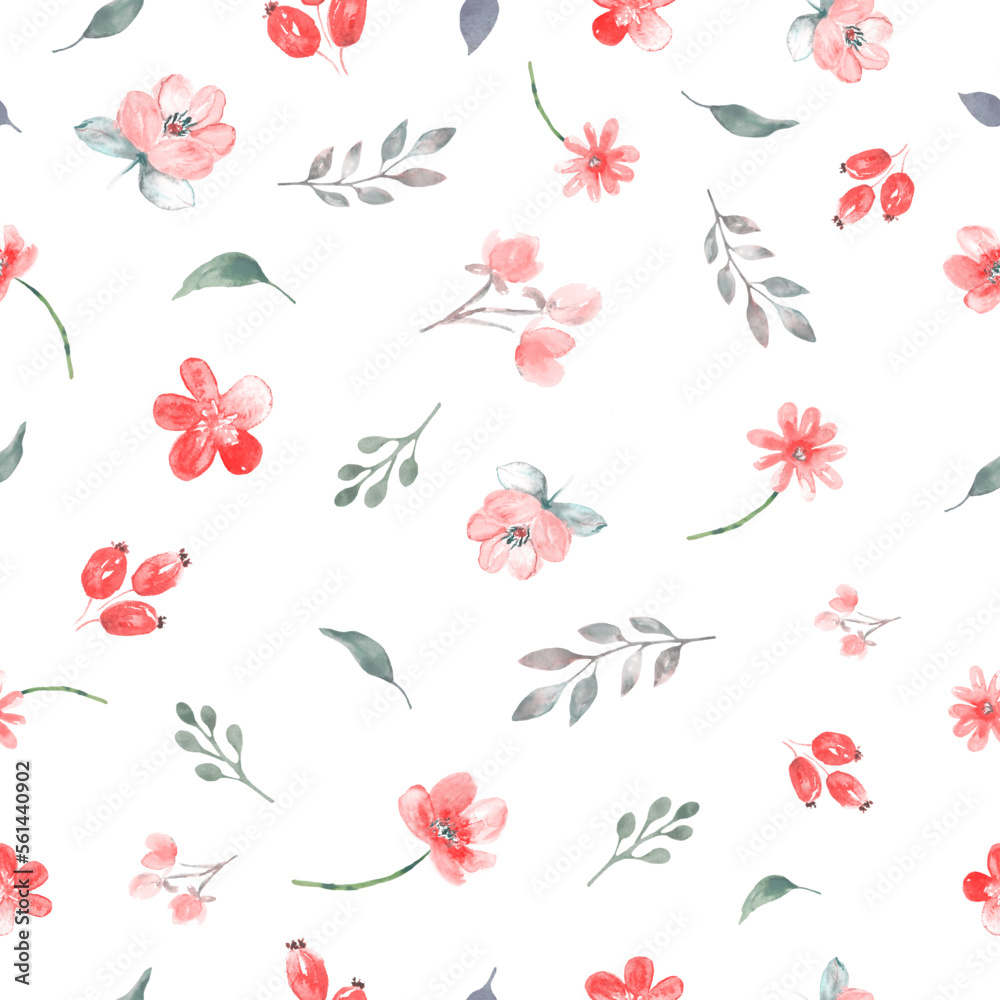Watercolor seamless pattern with  abstract  flowers,  berries, leaves, branches. Hand drawn floral illustration isolated on white background. For packaging, wrapping design or print.