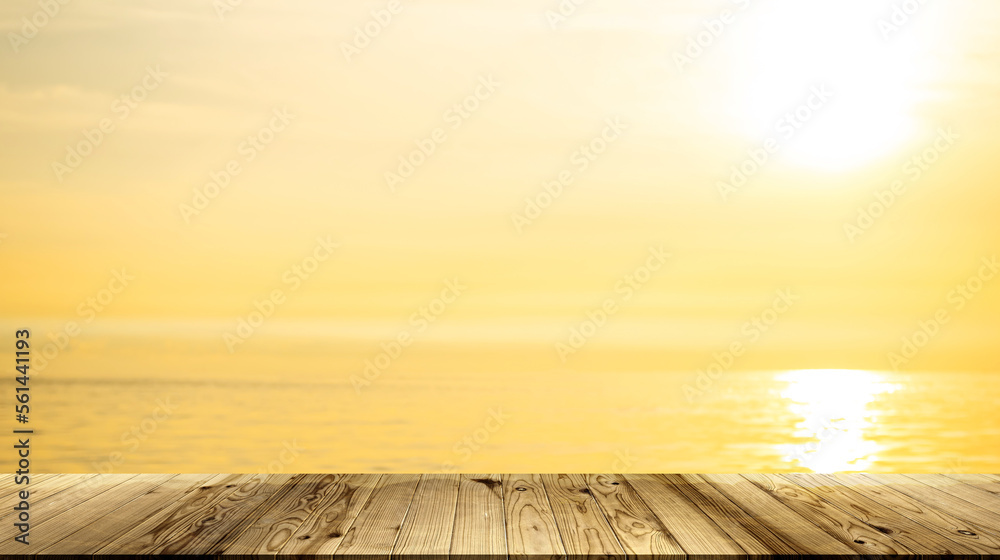 Empty Table on Light evening Sunset on sea Background at Coast,Bar Counter Wooden on Golden Sunlight Cloud Sky Nature,Desk Mockup for Presentation,for Tropical Summer Holidays or Broken Heart.