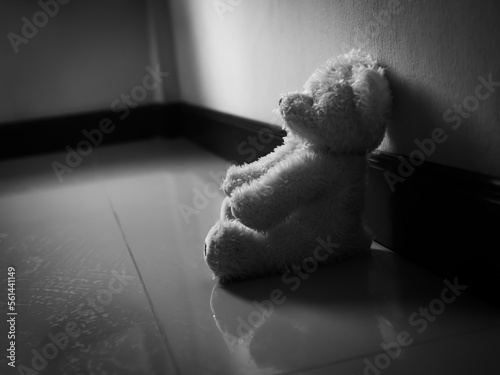 Beddy Bear Sitting Corner Room in Home,Black White Photography,Sybols Baby Gloomy day or International Missing Children,Card Poster for Love Valentine Day or Broken Heart,Postcard Couple Lonely,Sad. photo