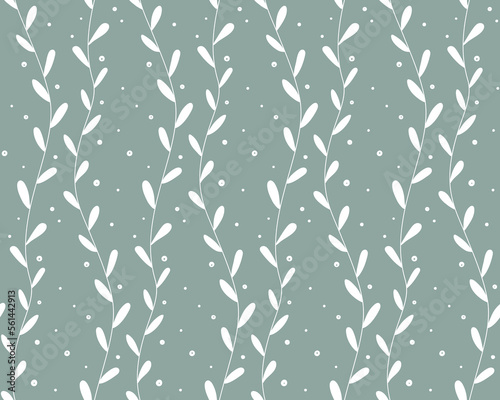 Seamless pattern of long curly stems. Long vertical seaweed leaves. Textile background with algae and air bubbles
