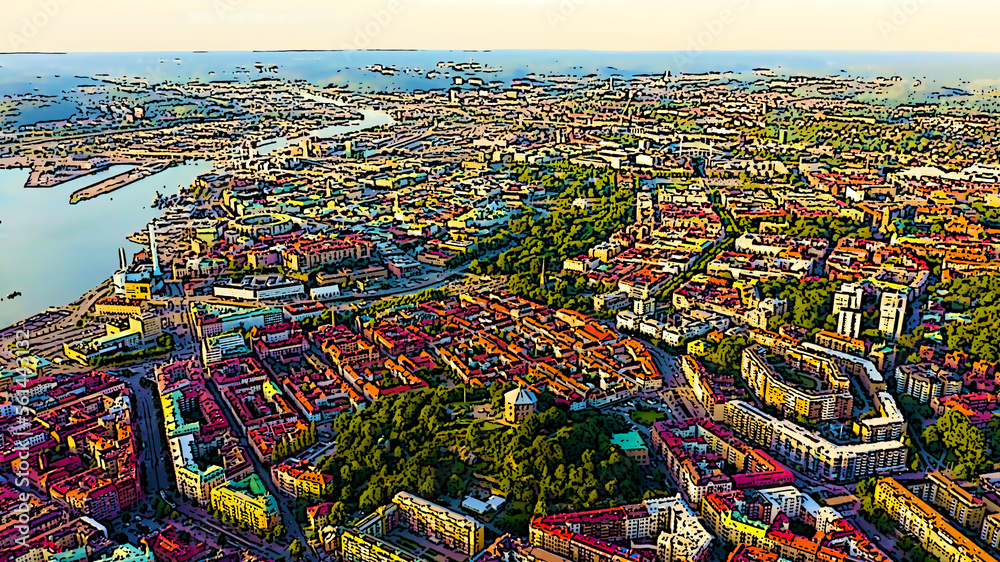 Gothenburg, Sweden. Panorama of the city and the river Goeta Elv. The historical center of the city. Sunset. Bright cartoon style illustration. Aerial view
