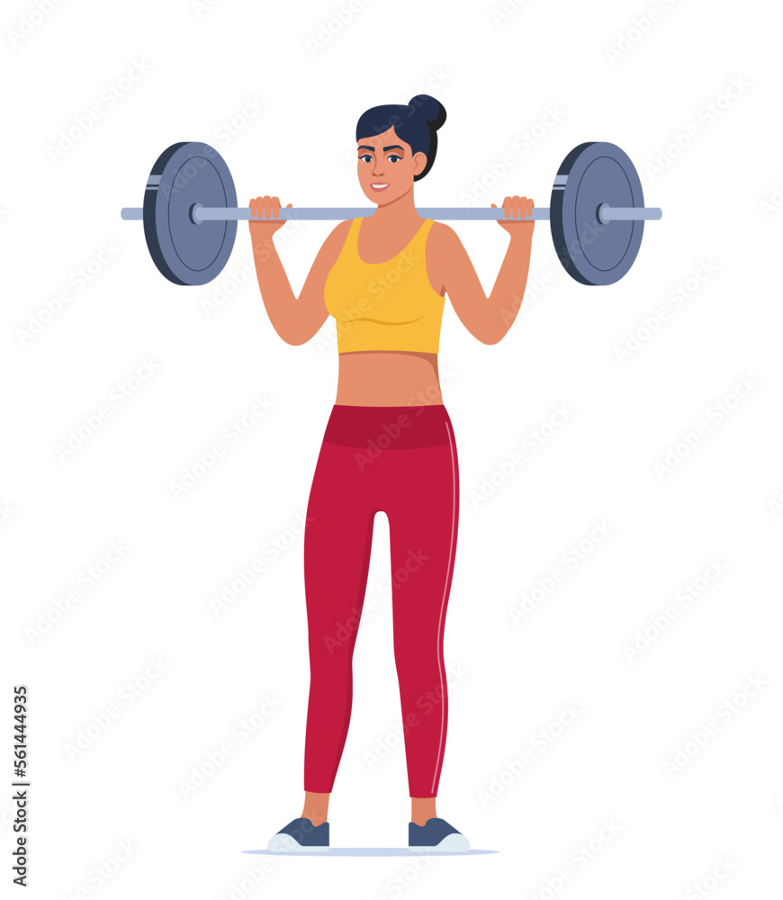 Obraz premium Woman doing Overhead barbell shoulder press exercise. Flat vector illustration isolated on white background.