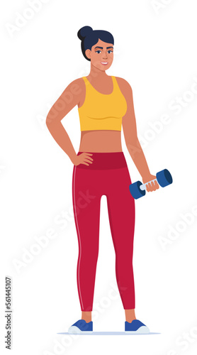 Woman dressed in sports clothes does exercises with dumbbells. Vector illustration.
