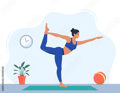 Female character doing yoga exercises at home. Wellness, healthcare and lifestyle concept. Vector illustration.