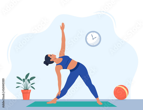 Female character doing yoga exercises at home. Wellness, healthcare and lifestyle concept. Vector illustration.