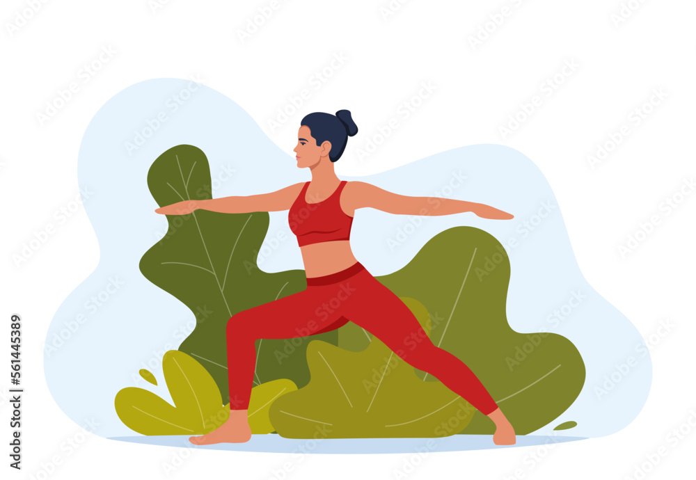 Female character doing yoga exercises on fresh air. Outdoor yoga. Wellness, healthcare and lifestyle concept. Vector illustration.