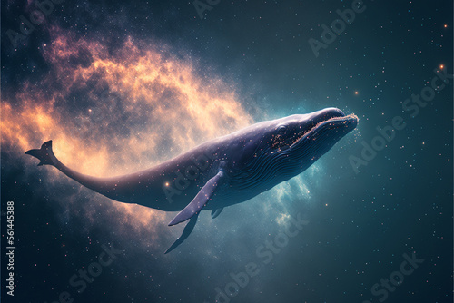 Whale in space floating, Whale outer space travel concept, whale flying in the beautiful sky, Generative AI.