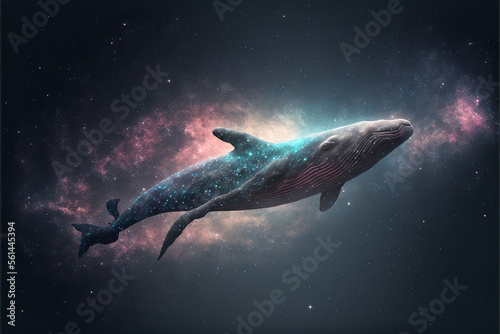 Whale in space floating, Whale outer space travel concept, whale flying in the beautiful sky, Generative AI. © Asman