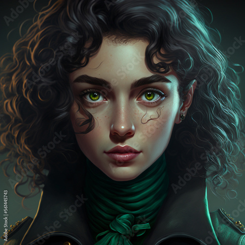 portrait of a woman with curly hair and green eye wearing green coat
