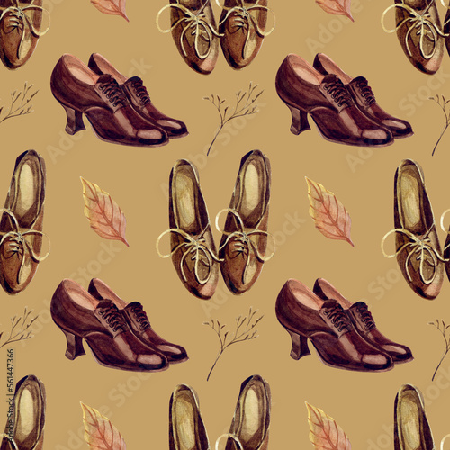 Women's autumn shoes, leaves, twigs. Watercolor seamless pattern. Vintage fashion.